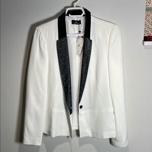 White and Black Tuxedo-Style Blazer with Textured Fabric